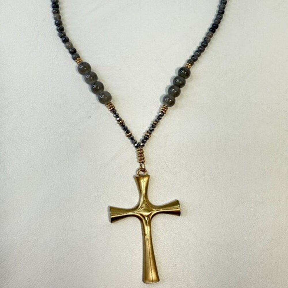 Gold Tone Cross Necklace‎ Rosary Gray Stone Beads Long Length
